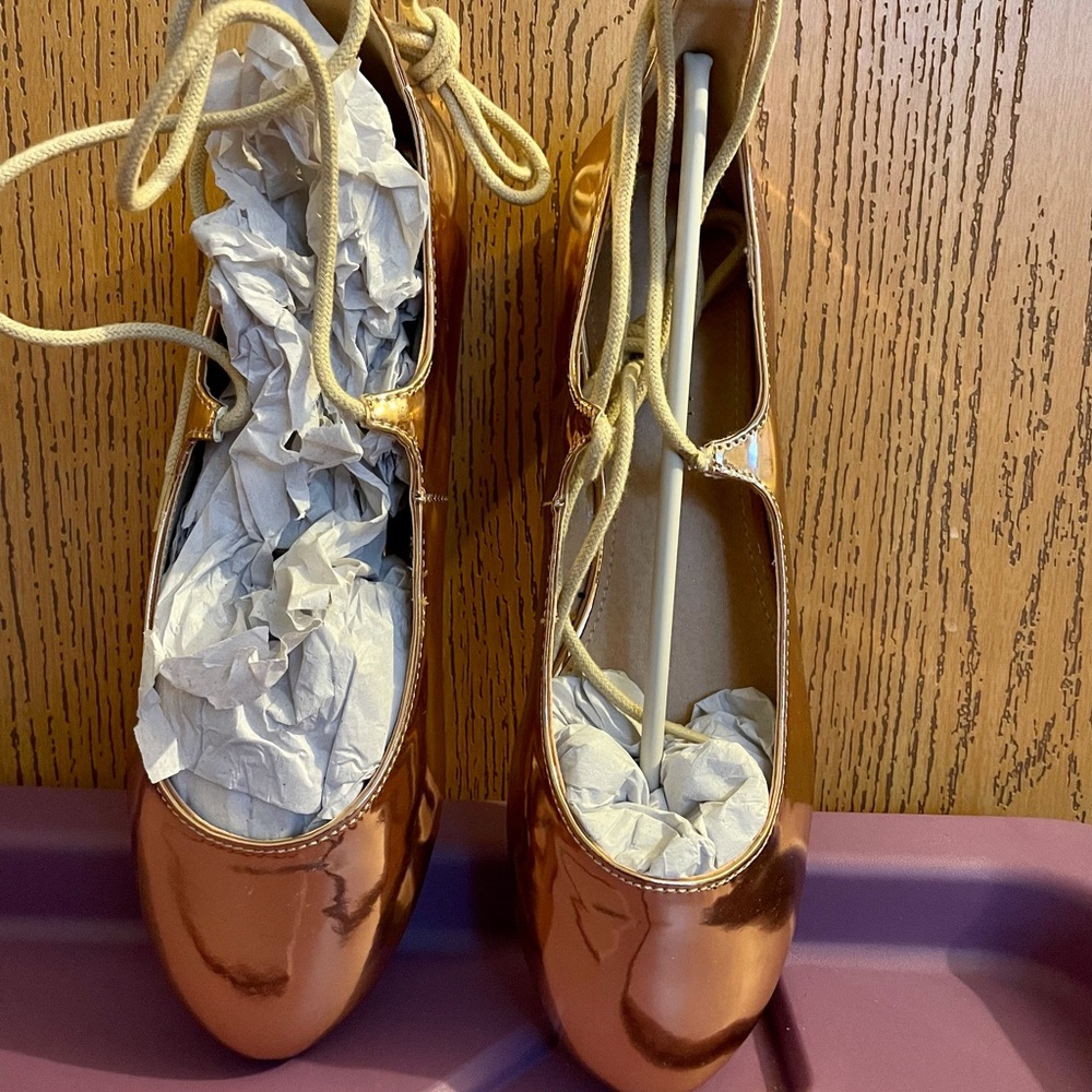New rose gold tie ballerina flats